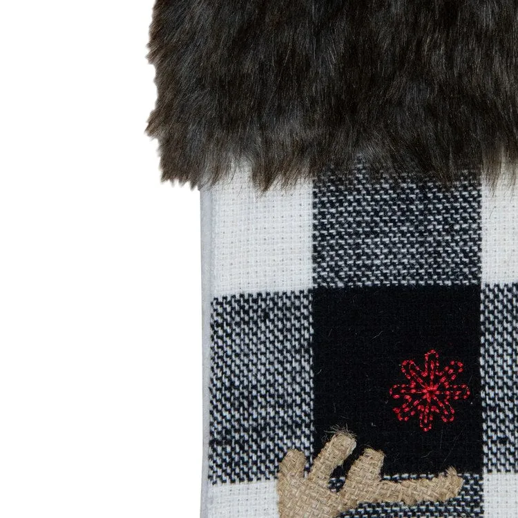 18" Black and White Buffalo Plaid Burlap Reindeer Christmas Stocking