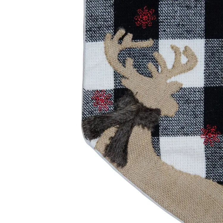 18" Black and White Buffalo Plaid Burlap Reindeer Christmas Stocking