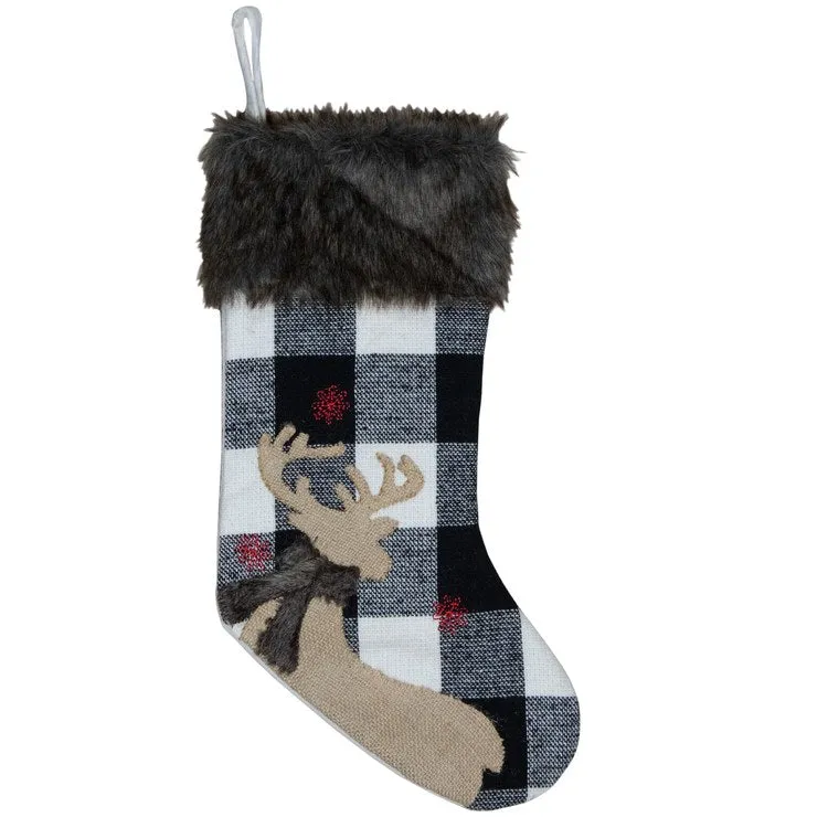 18" Black and White Buffalo Plaid Burlap Reindeer Christmas Stocking