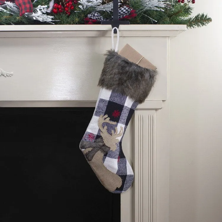 18" Black and White Buffalo Plaid Burlap Reindeer Christmas Stocking