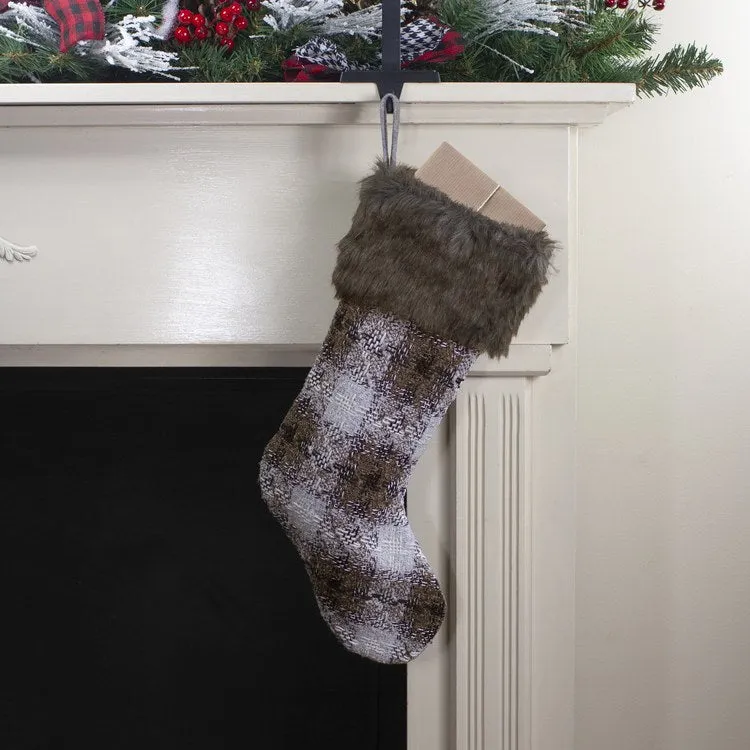 18" Brown and White Buffalo Plaid Christmas Stocking