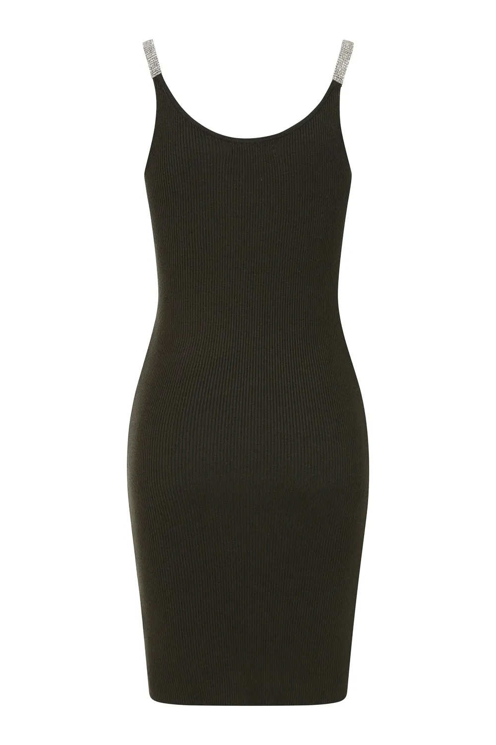 Angelina Khaki Diamante Strap Ribbed Knitted Pencil Midi Bodycon Dress