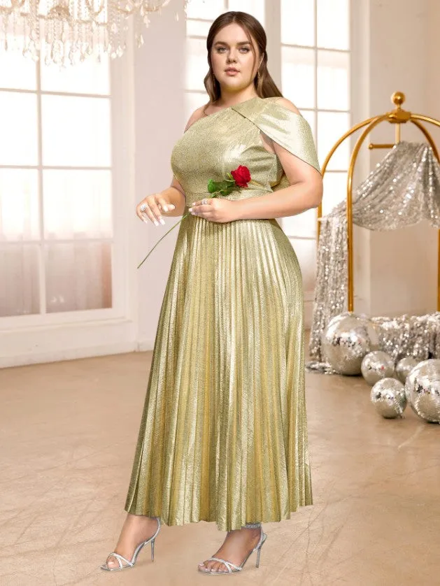 AOMEIDRESS Gold Shiny Pleated Dress One Shoulder Diagonal Collar
