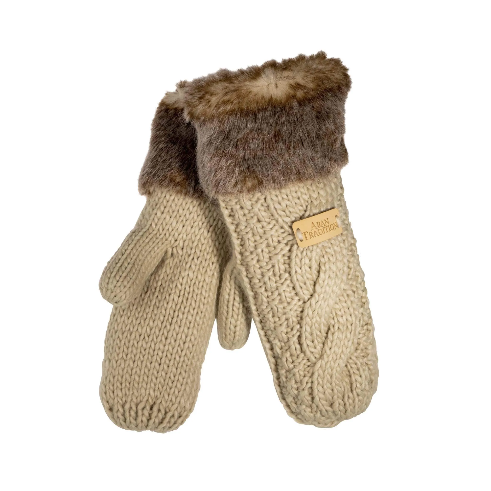 Aran Cable Fur Trim Mittens