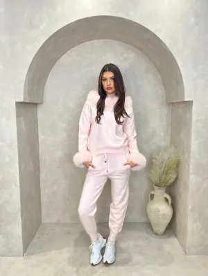 Baby Pink Luxury Fur Trim Hood & Cuff Jogger Tracksuit