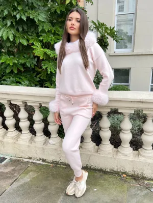 Baby Pink Premium Faux Fur Trim Hood & Cuff Jogger Tracksuit