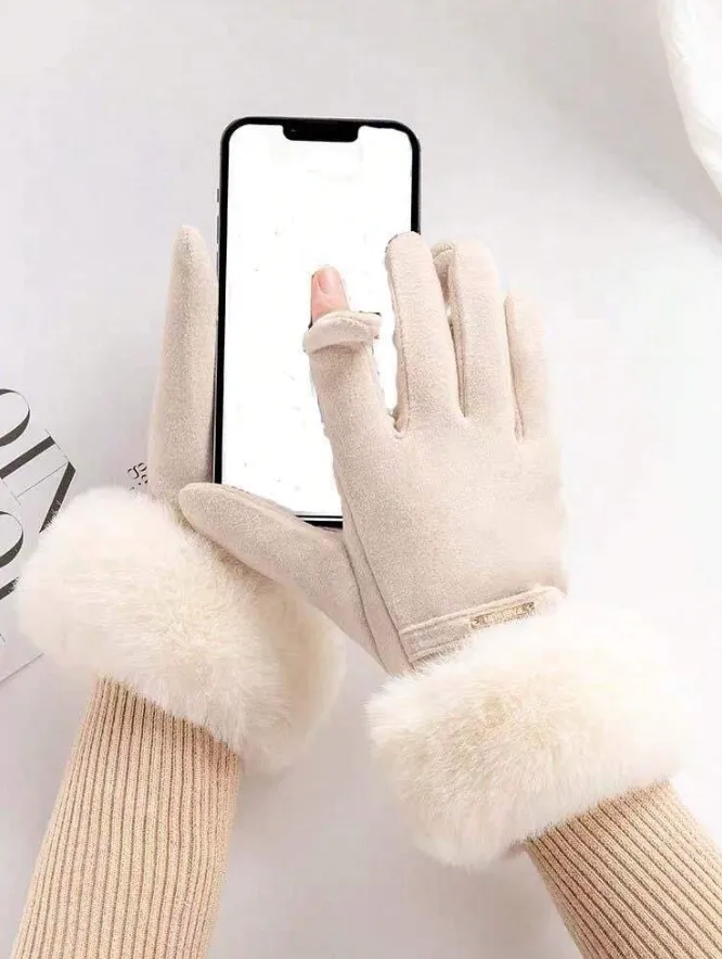 Beige Fur Trim Easy Phone Use Gloves