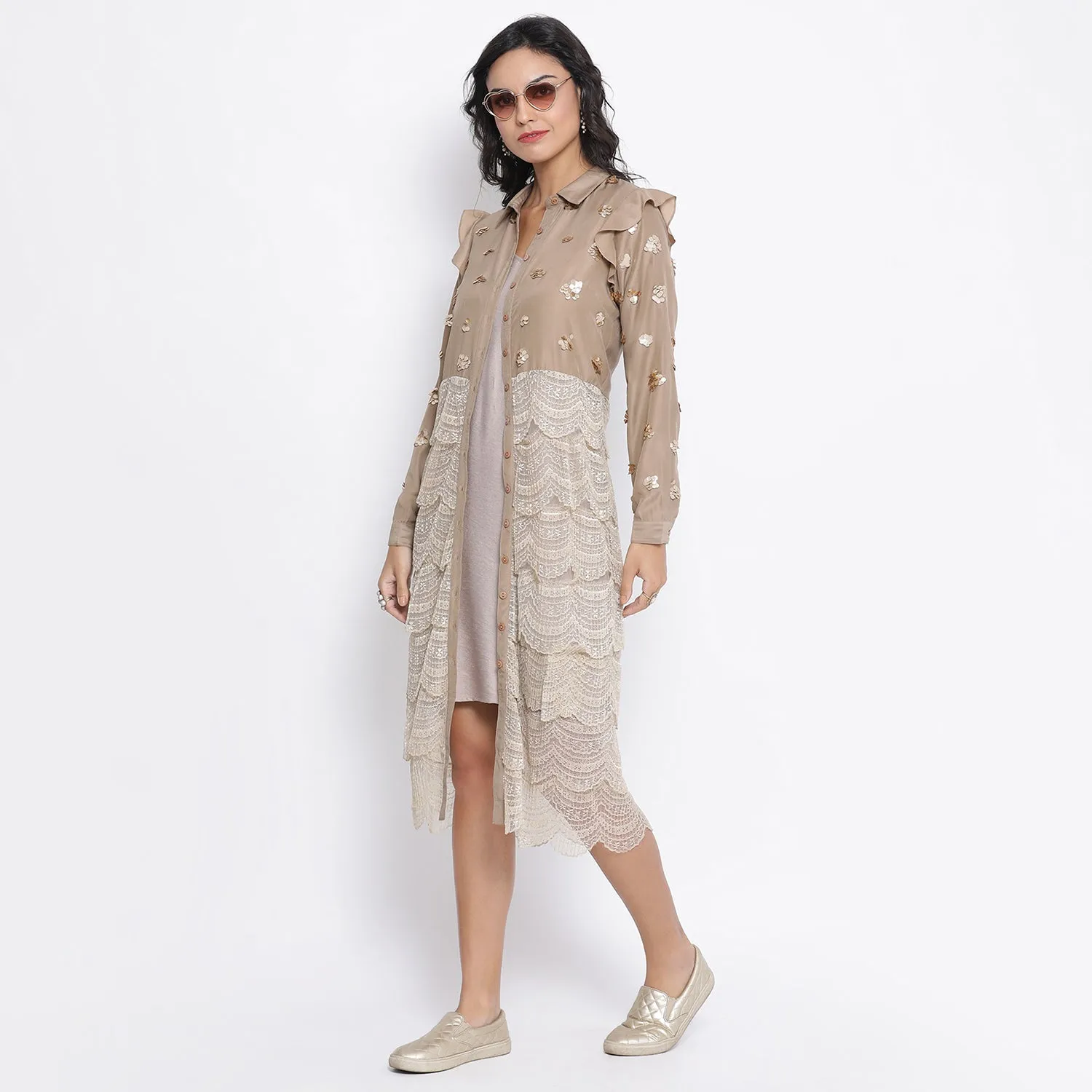 Beige Lace Tunic With Gold Sequence Embroidery