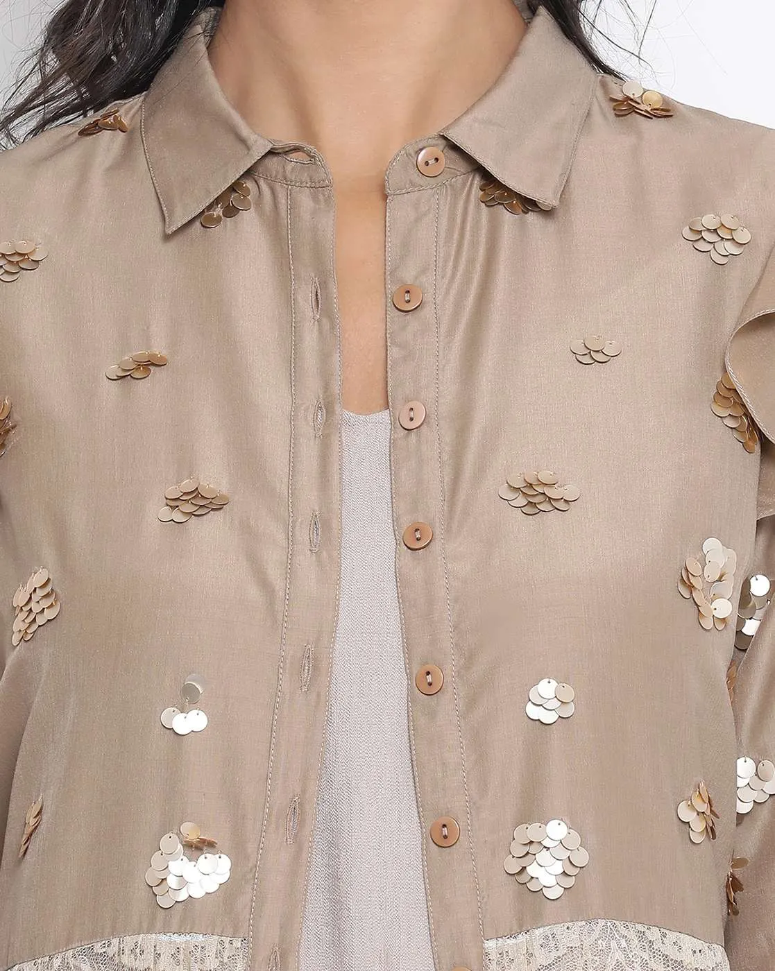 Beige Lace Tunic With Gold Sequence Embroidery
