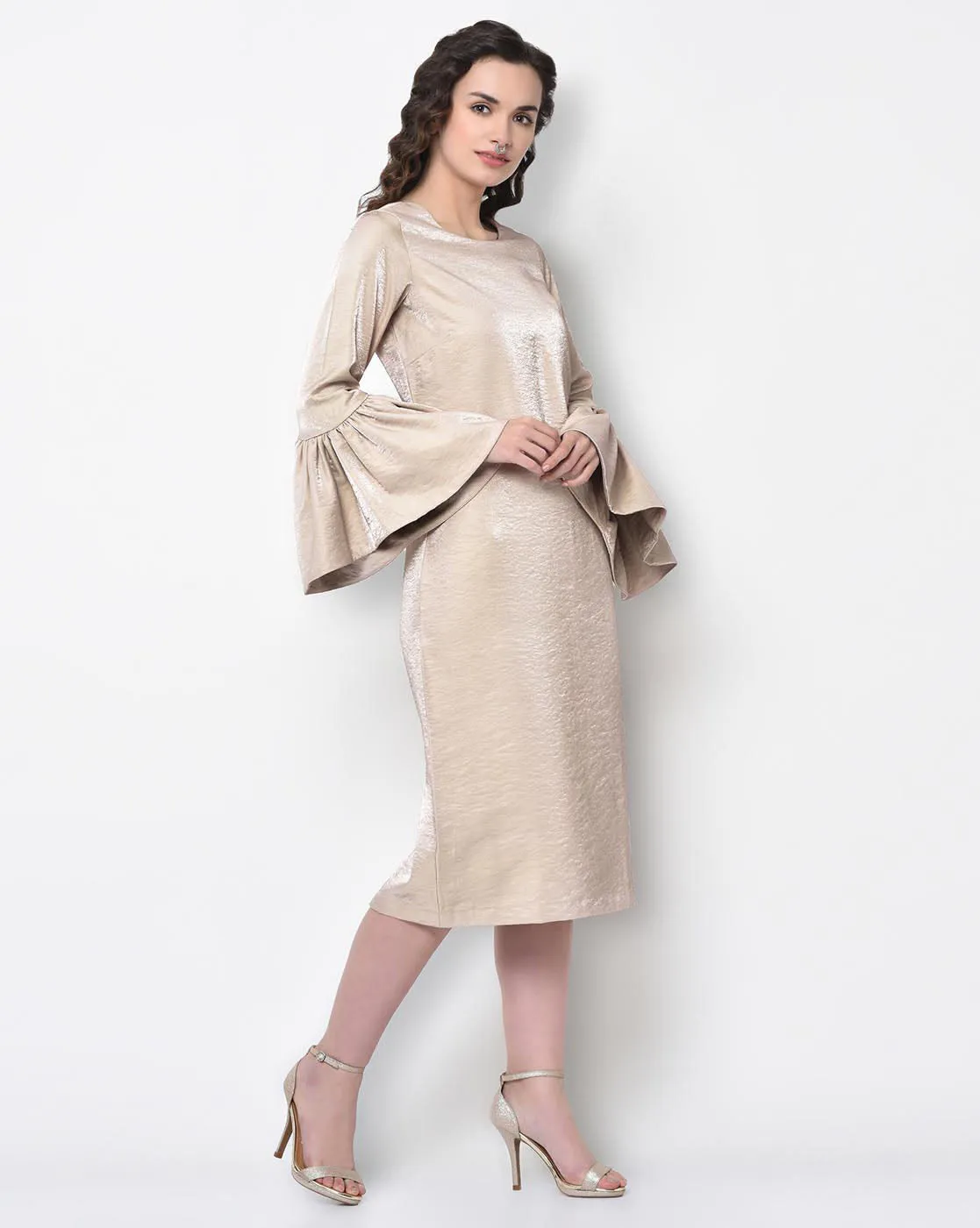 Beige Long Dress With Bell Sleeve