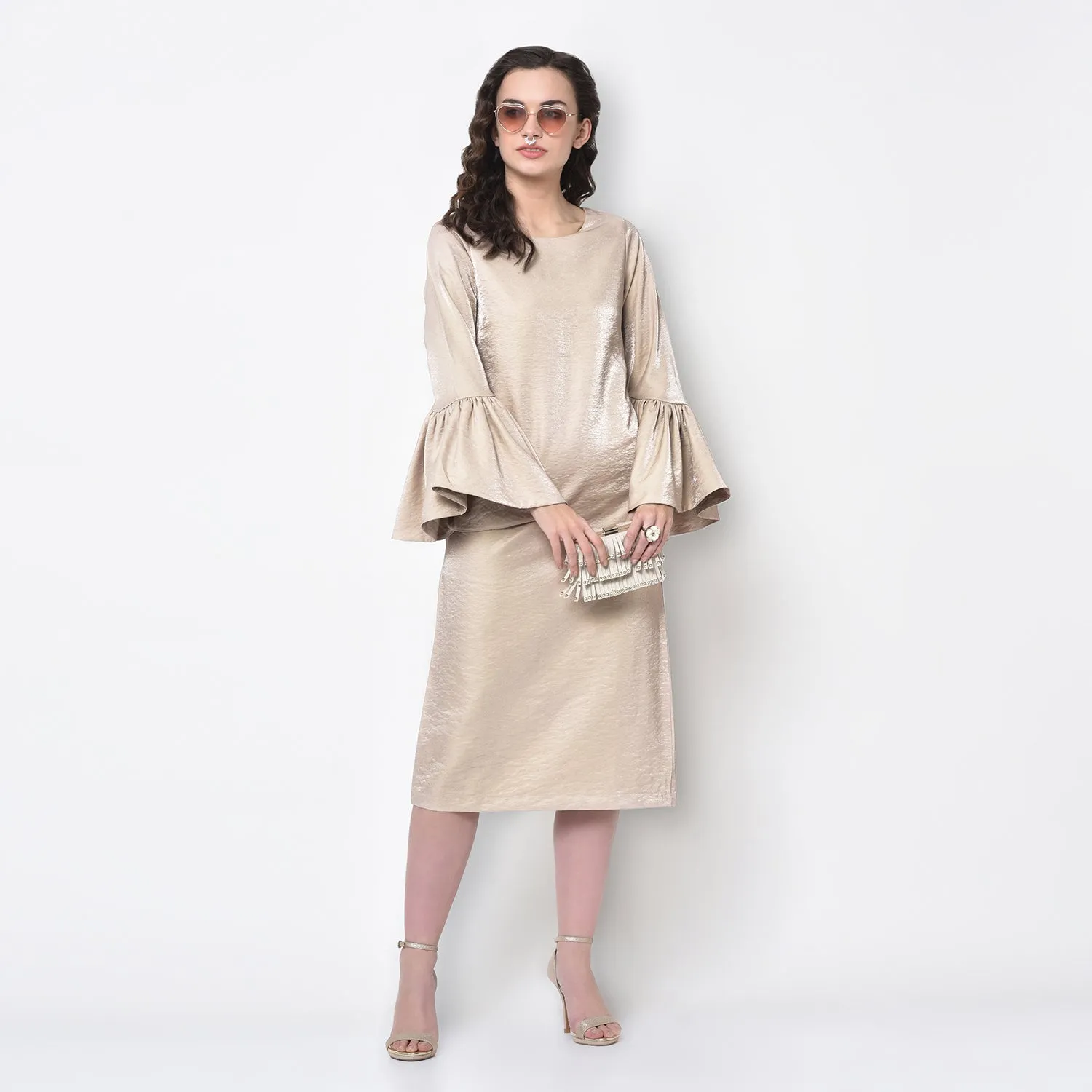Beige Long Dress With Bell Sleeve