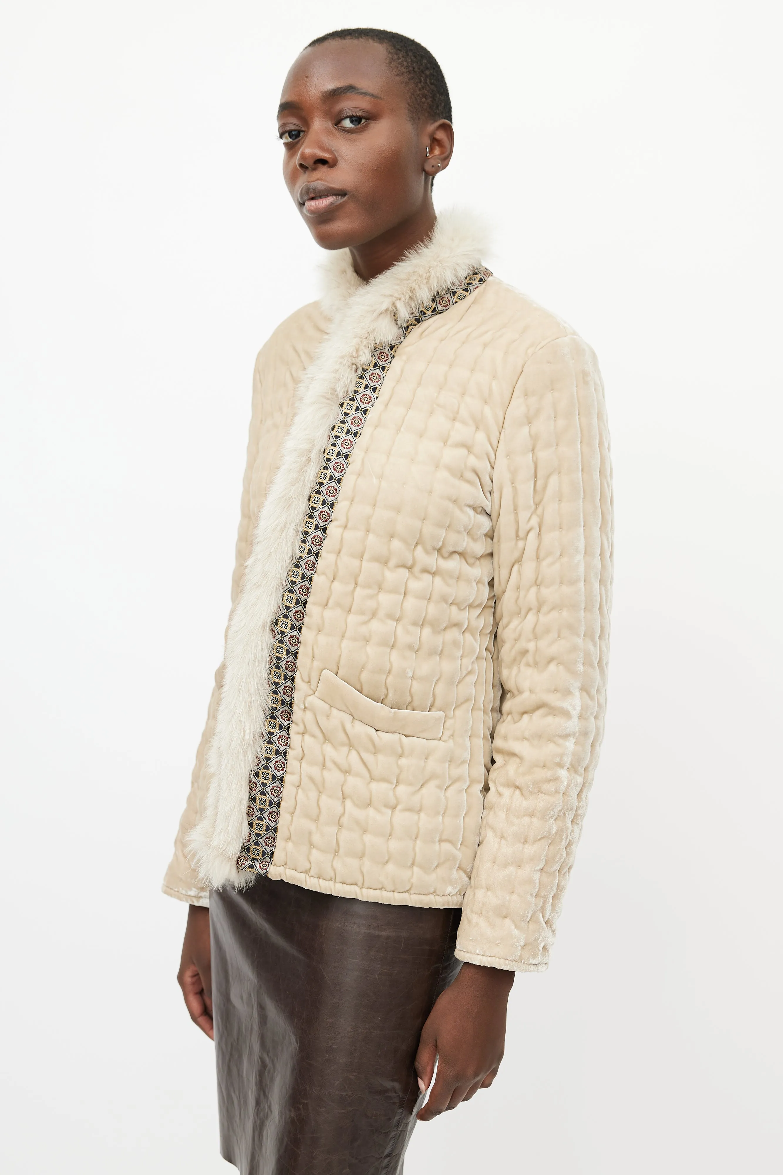 Beige Velvet Fur Padded Jacket