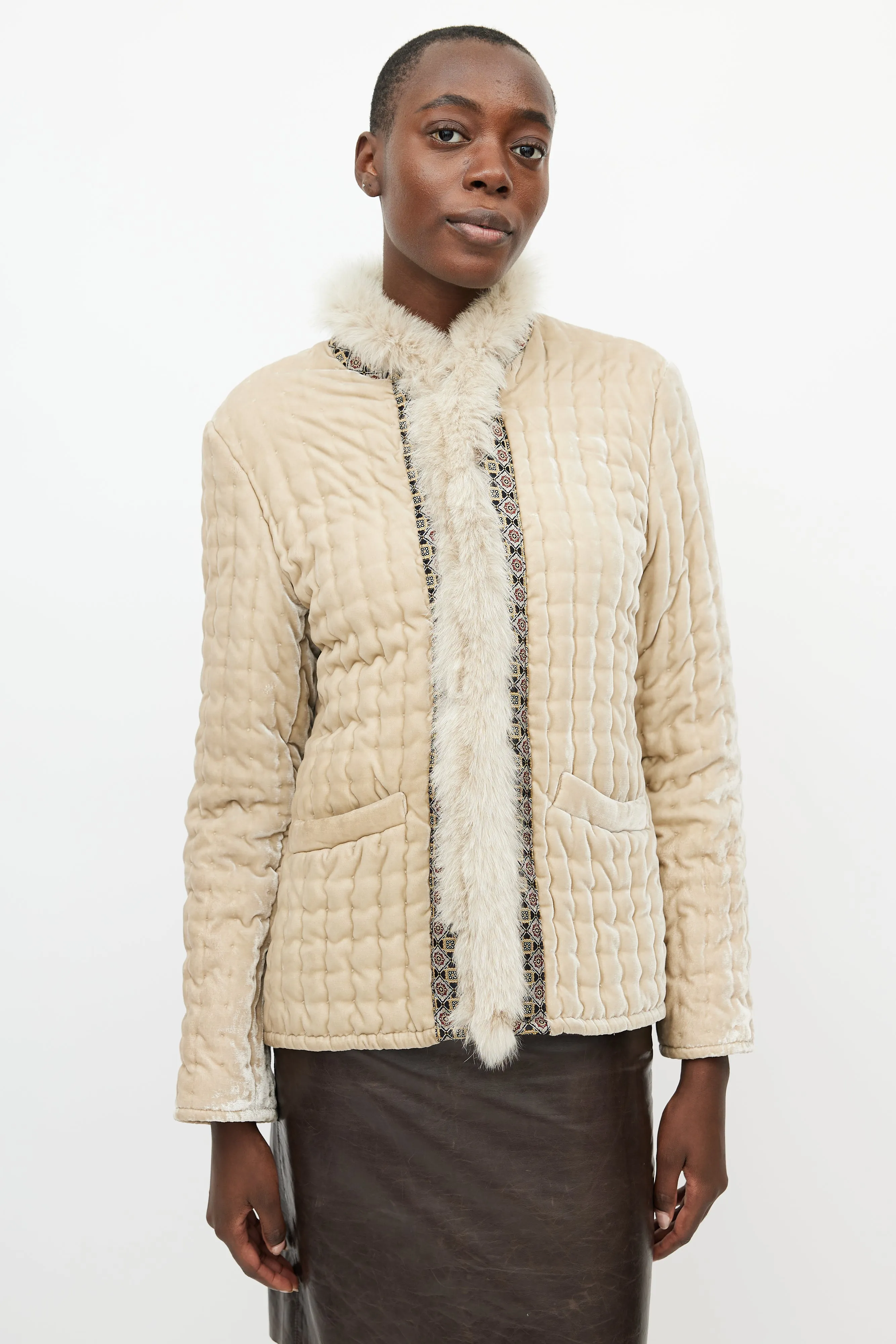 Beige Velvet Fur Padded Jacket