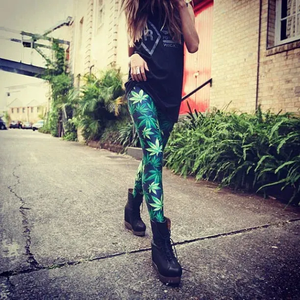 BIVIGAOS Summer Style adventure time Printed Stretch Green Weed Leaf Black Milk Pants Leggings Female Slim Thin Women Pantalones