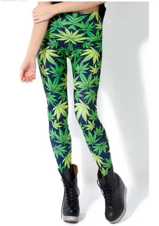 BIVIGAOS Summer Style adventure time Printed Stretch Green Weed Leaf Black Milk Pants Leggings Female Slim Thin Women Pantalones