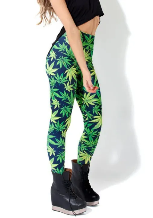 BIVIGAOS Summer Style adventure time Printed Stretch Green Weed Leaf Black Milk Pants Leggings Female Slim Thin Women Pantalones