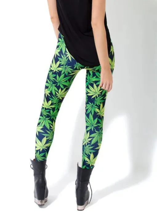 BIVIGAOS Summer Style adventure time Printed Stretch Green Weed Leaf Black Milk Pants Leggings Female Slim Thin Women Pantalones