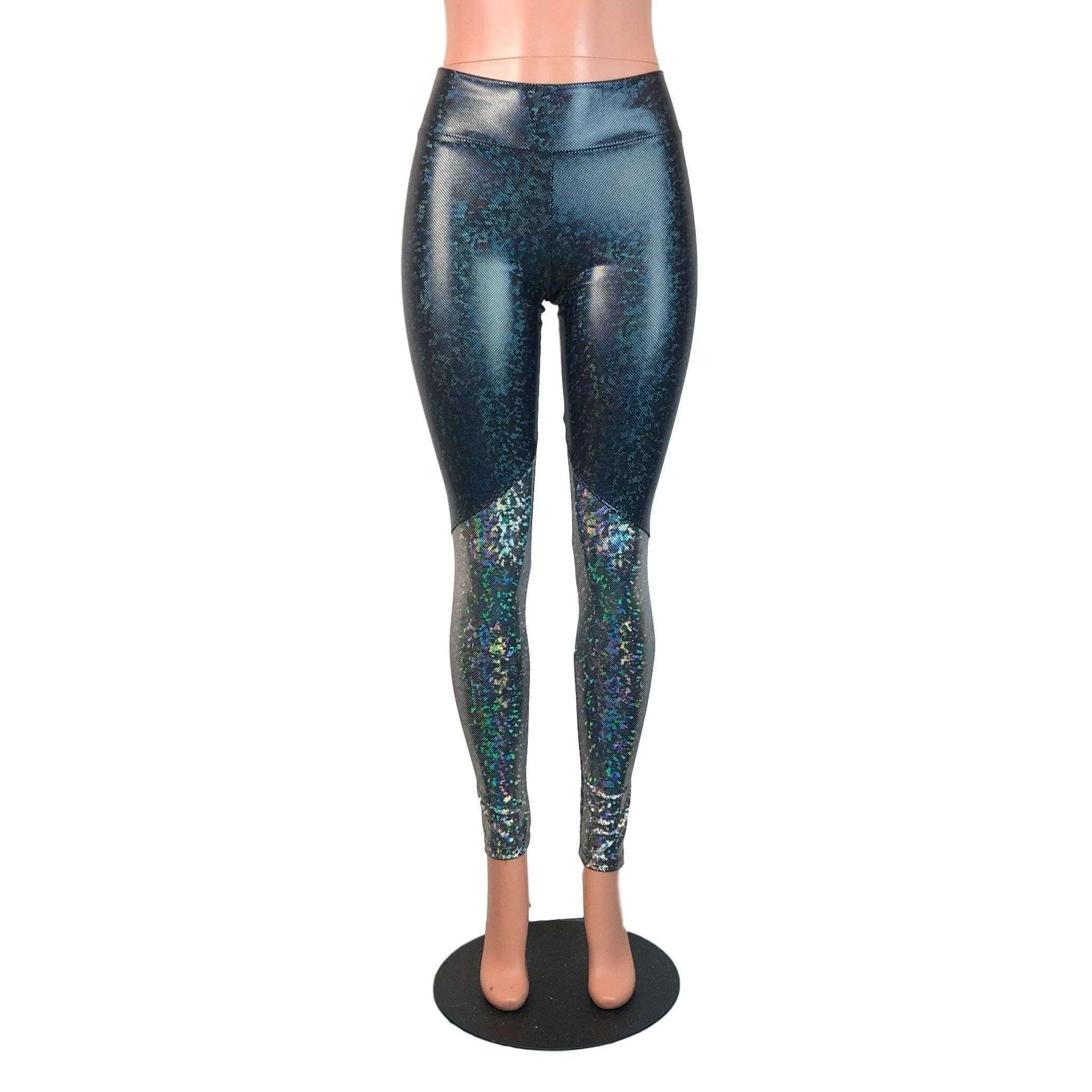 Black & Silver Shattered Glass Holographic *Mid-Rise* Leggings Pants