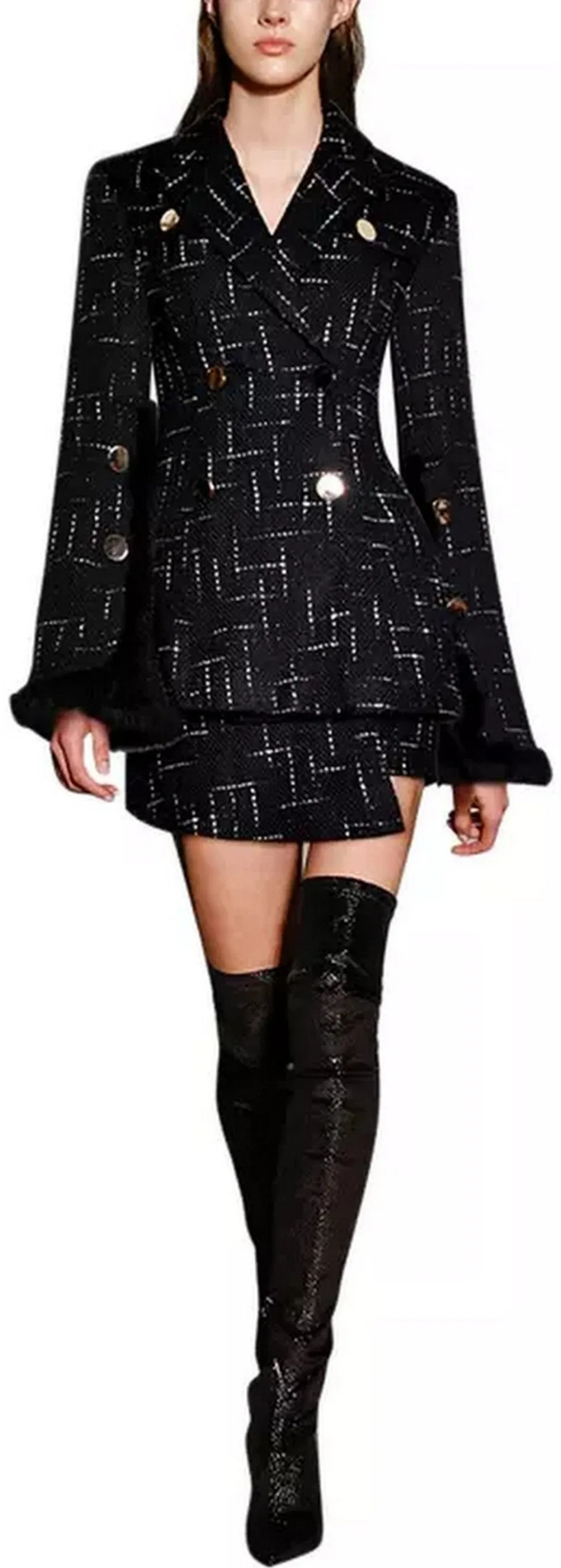 Black Button-Embellished Tweed Jacket and Asymmetrical Short Set with Fur Trim