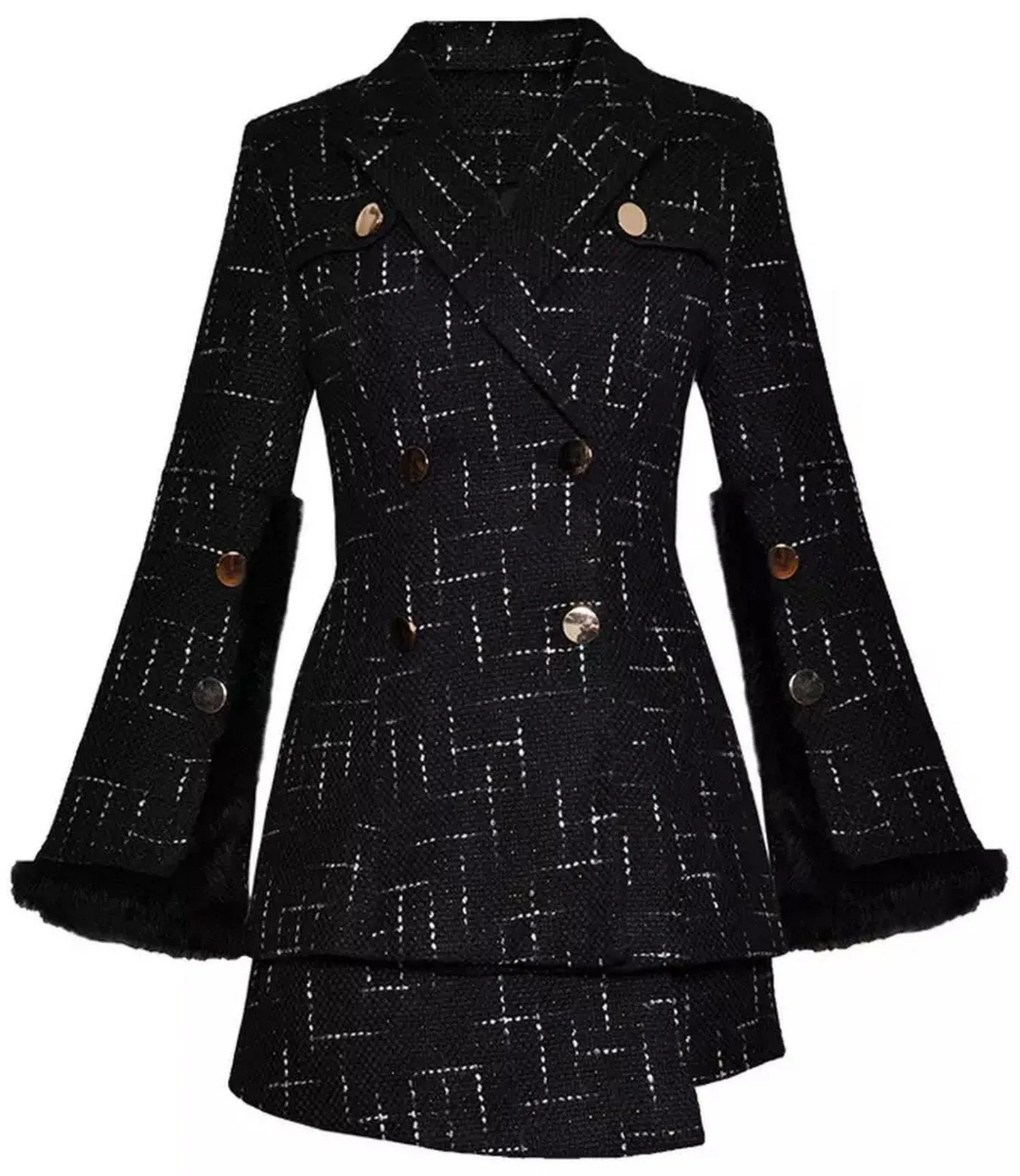 Black Button-Embellished Tweed Jacket and Asymmetrical Short Set with Fur Trim