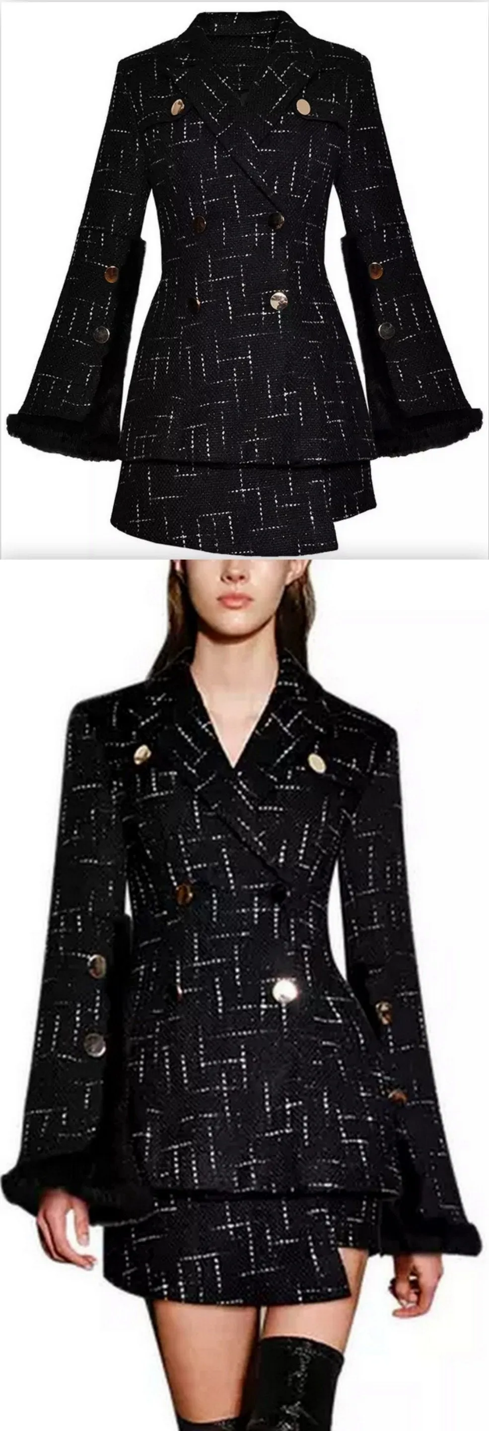 Black Button-Embellished Tweed Jacket and Asymmetrical Short Set with Fur Trim