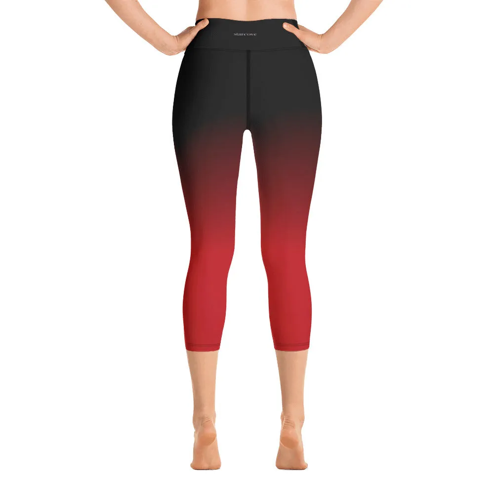 Black Red Ombre Yoga Capri Leggings Women, Tie Dye Cropped High Waisted Pants Printed Workout Fun Designer Tights Gift