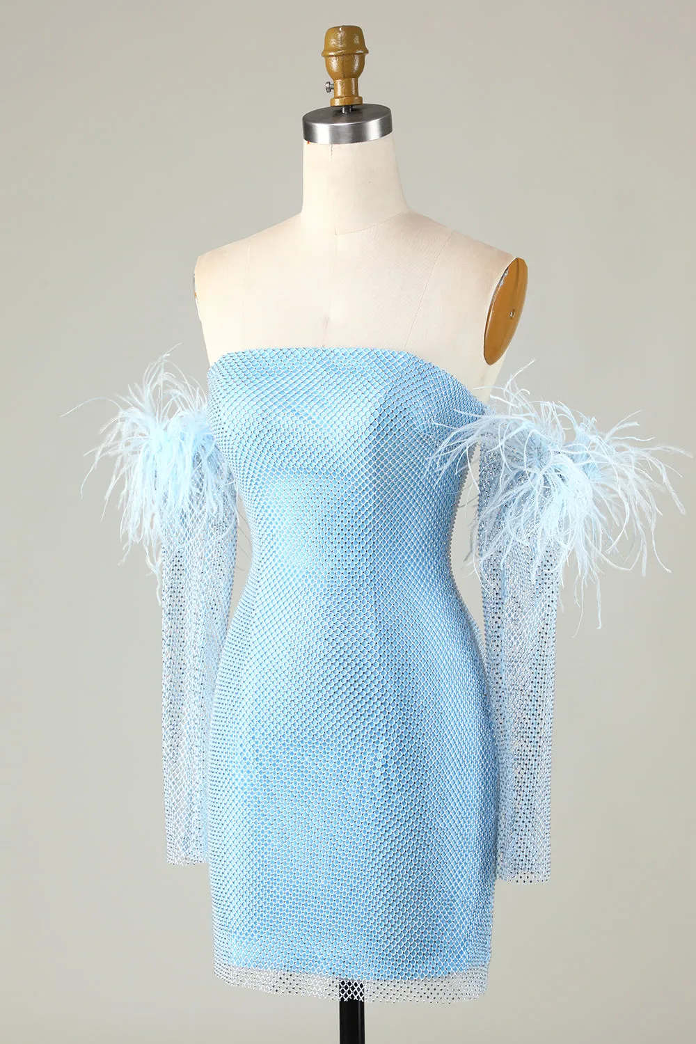 Blue Tight Beaded Short Homecoming Dress With Detachable Sleeves