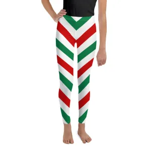 Candy Cane Youth Girls Leggings, Christmas Red White Green Stripes Striped Elf Holiday Xmas Printed Toddler Kids Pants