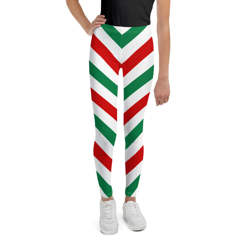 Candy Cane Youth Girls Leggings, Christmas Red White Green Stripes Striped Elf Holiday Xmas Printed Toddler Kids Pants