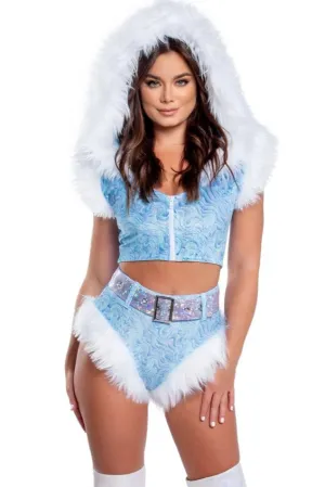 CH302 - Fur Trimmed Hooded Top and High-Waist Belted Short Set***20% OFF