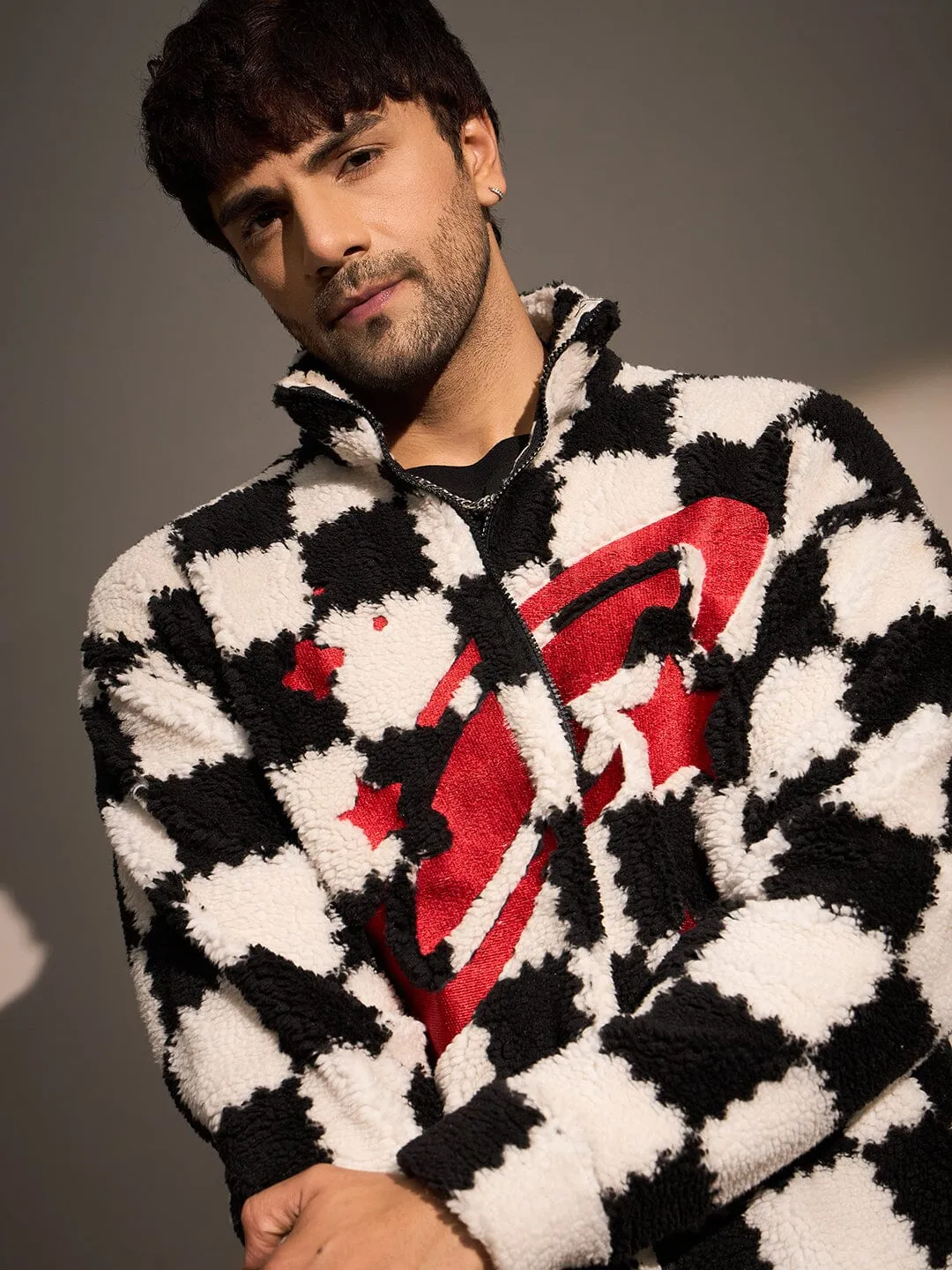 Checkered Fur Embroidery Jacket