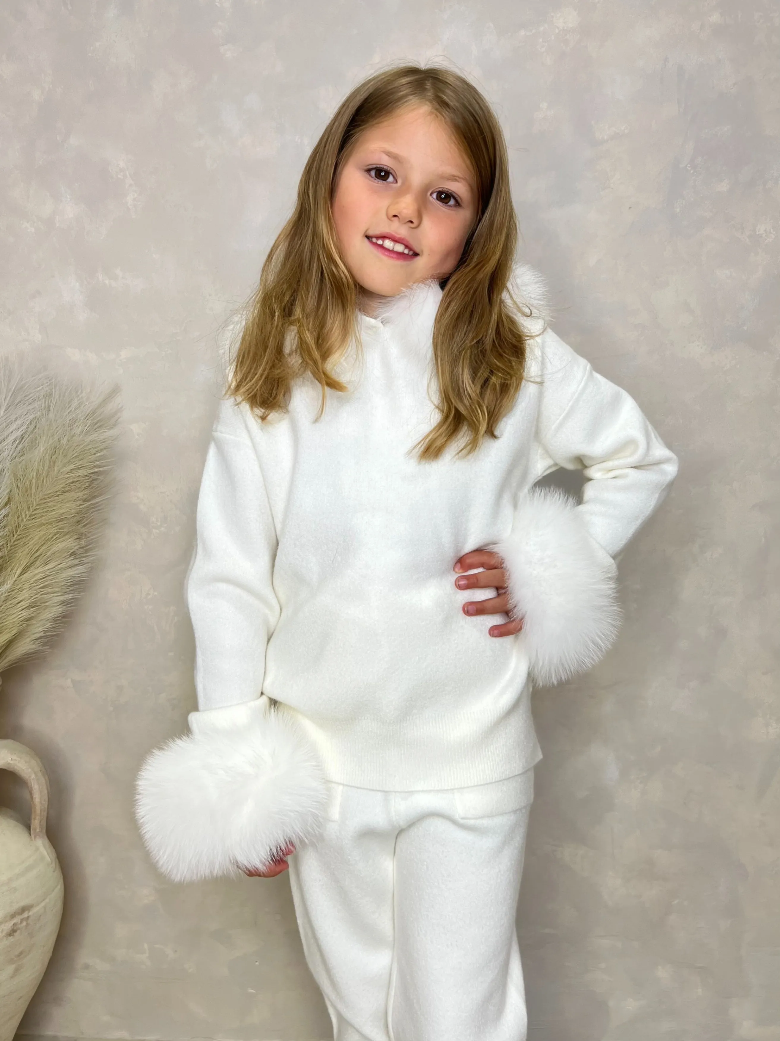 Childrens Cream Luxury Fur Trim Hood & Cuff Tracksuit