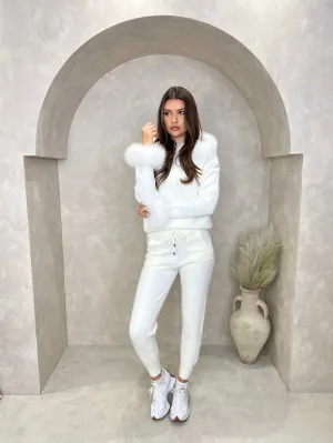 Cream Luxury Fur Trim Hood & Cuff Jogger Tracksuit