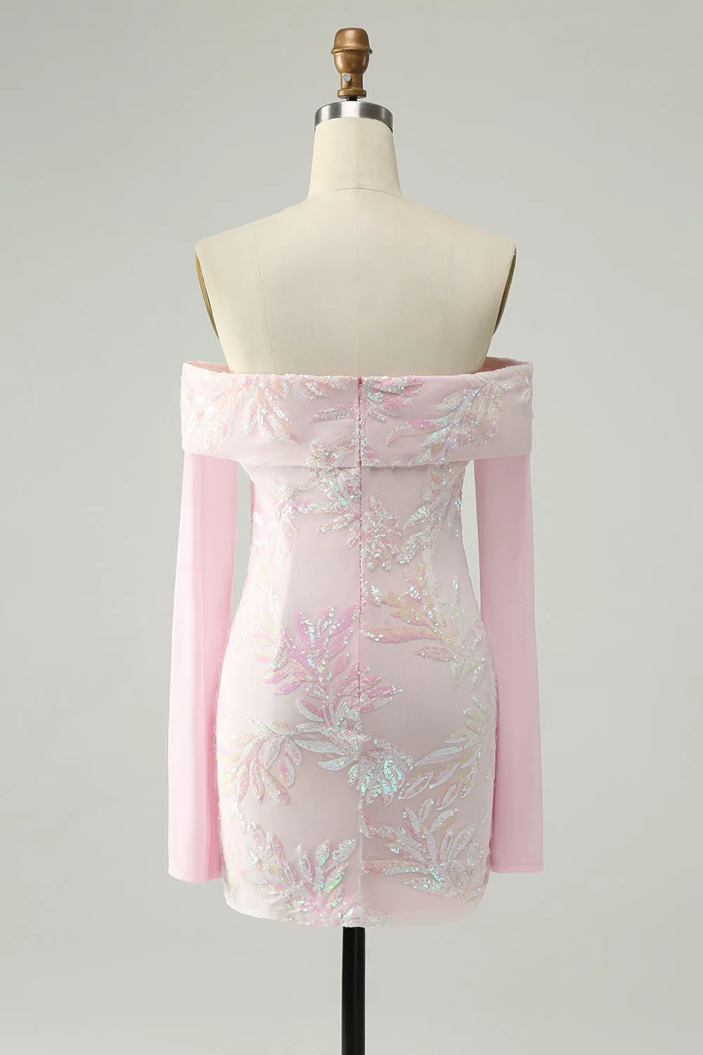 Cute Sparkly Bodycon Off The Shoulder Sequin Pink Homecoming Dress with Long Sleeves