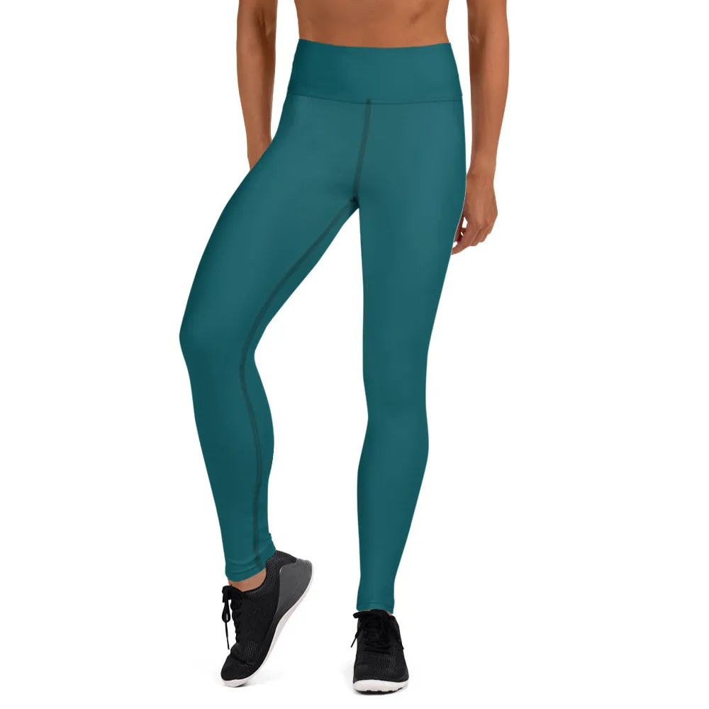 Dark Teal Green Women's Pants, Solid Color Gym Long Tights For Ladies-Made in USA/EU/MX