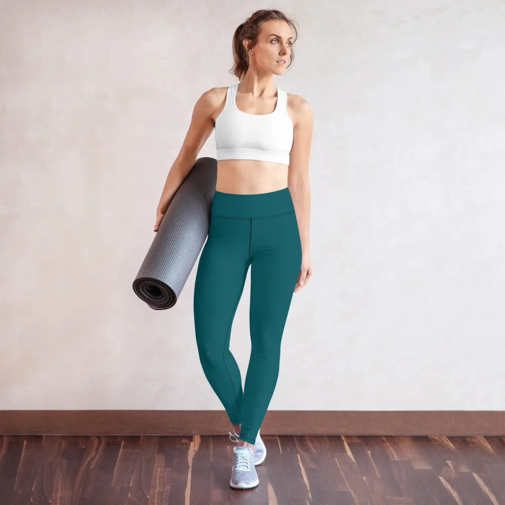 Dark Teal Green Women's Pants, Solid Color Gym Long Tights For Ladies-Made in USA/EU/MX