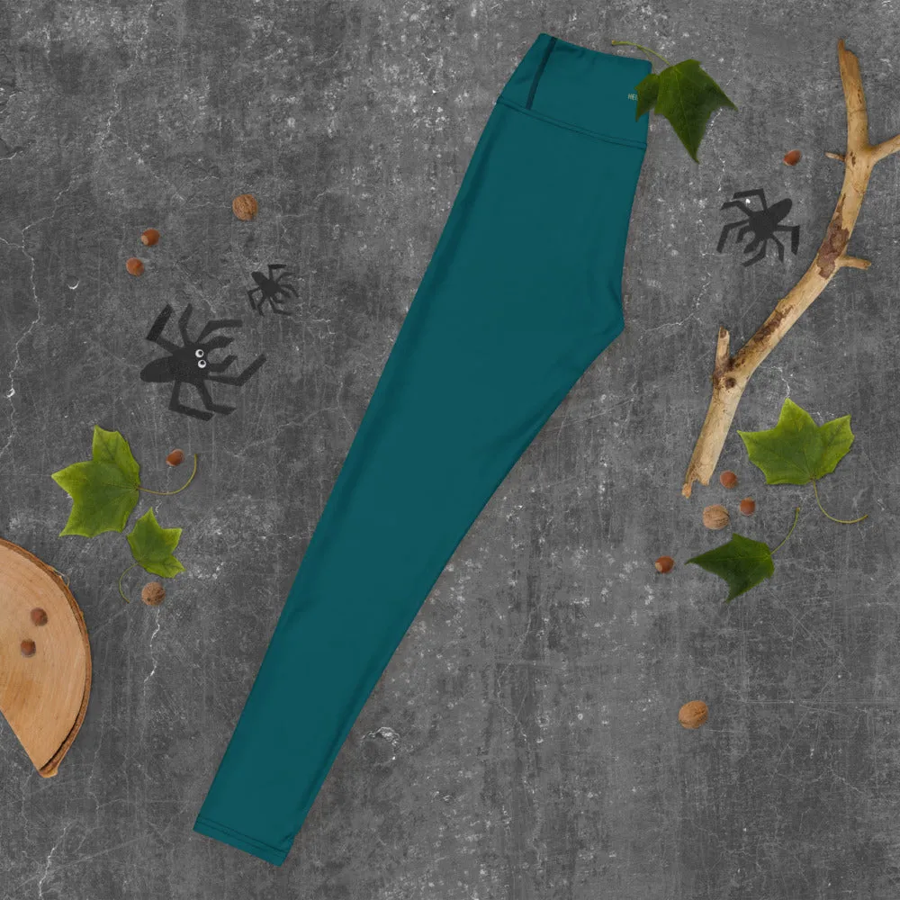 Dark Teal Green Women's Pants, Solid Color Gym Long Tights For Ladies-Made in USA/EU/MX