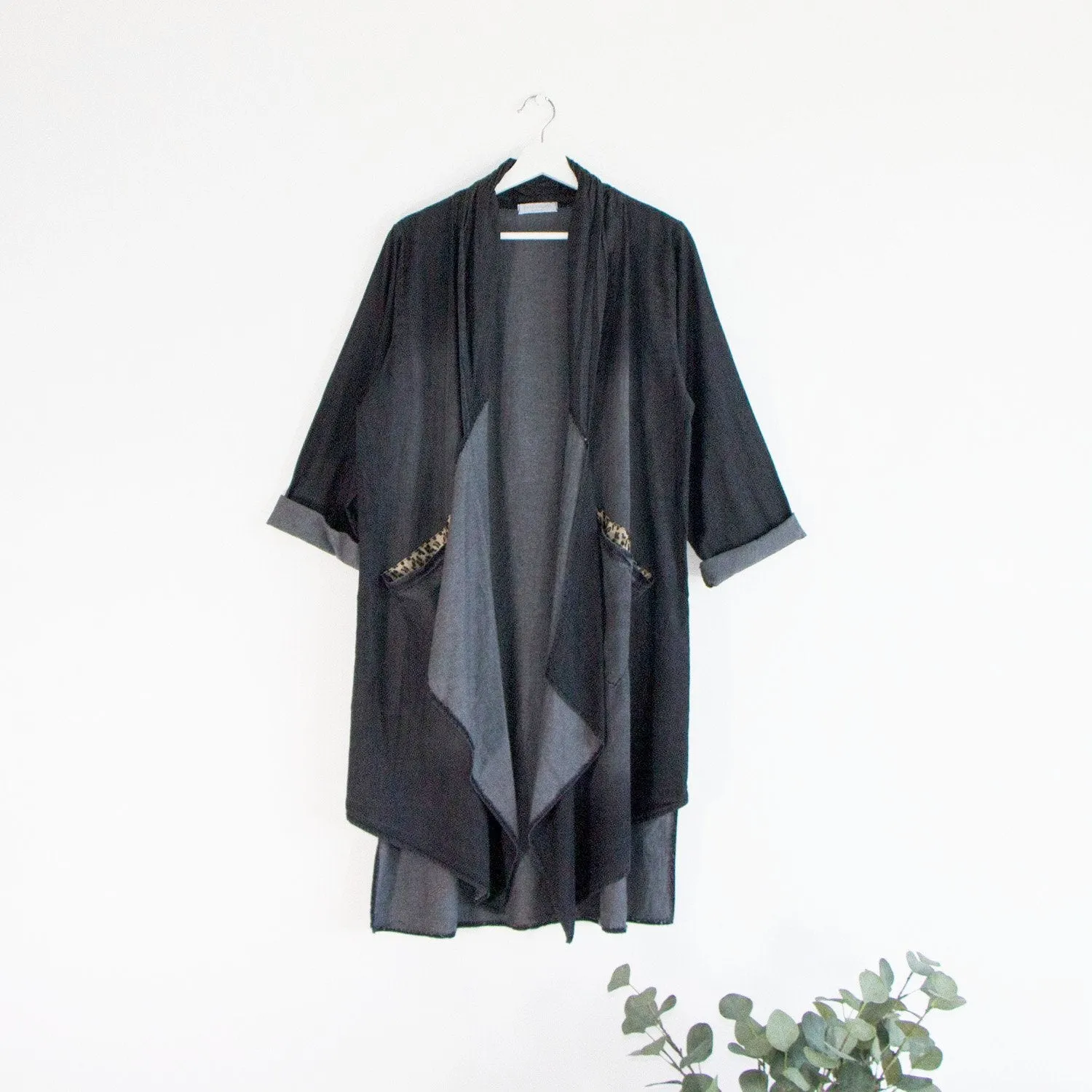 Denim waterfall front kimono with a leopard print pocket