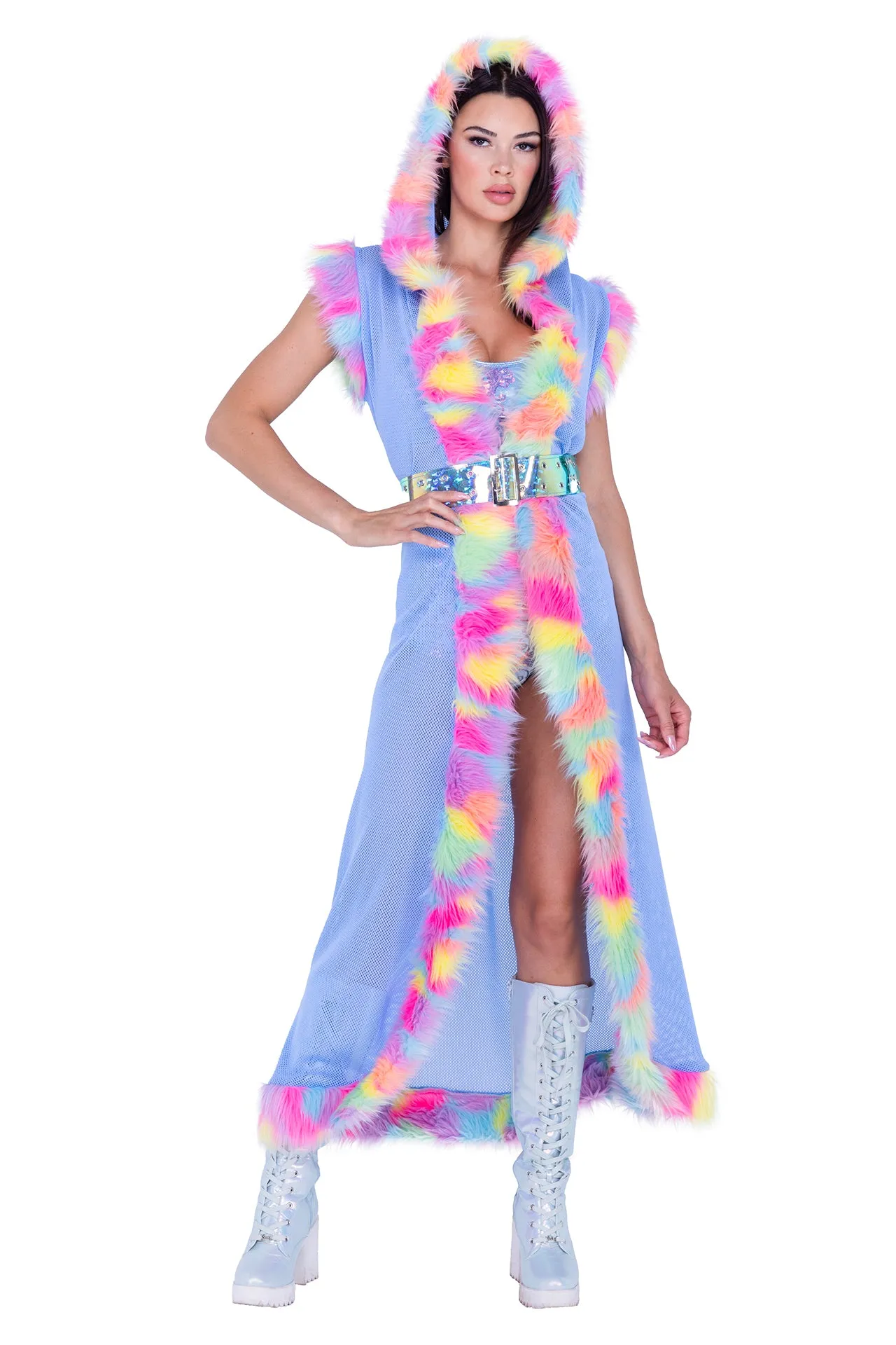 FR156 - Fur Trimmed Fishnet Duster with Belt***30% OFF