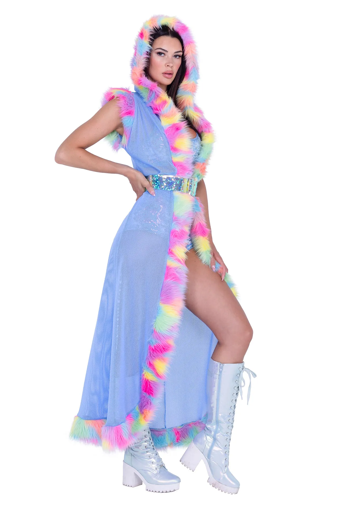 FR156 - Fur Trimmed Fishnet Duster with Belt***30% OFF
