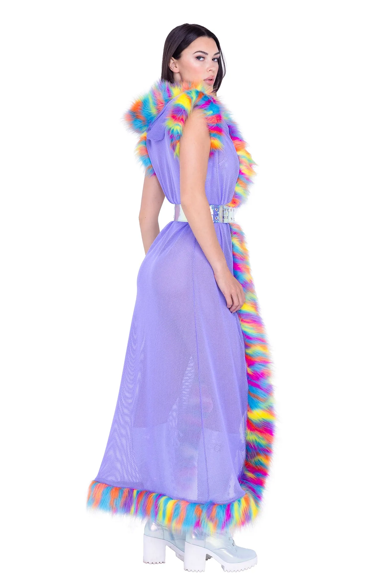 FR156 - Fur Trimmed Fishnet Duster with Belt***30% OFF
