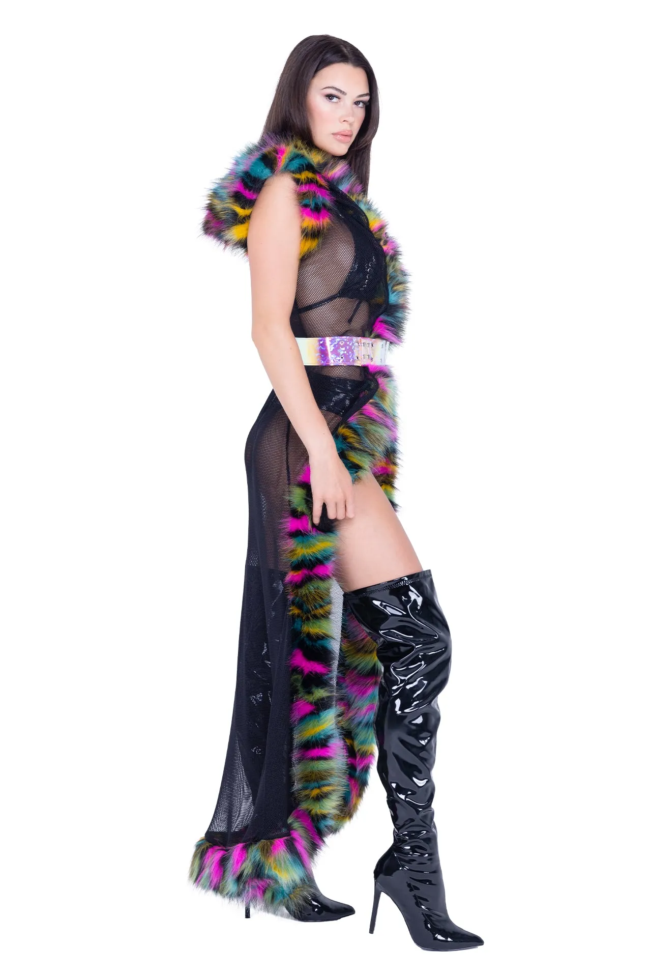 FR156 - Fur Trimmed Fishnet Duster with Belt***30% OFF