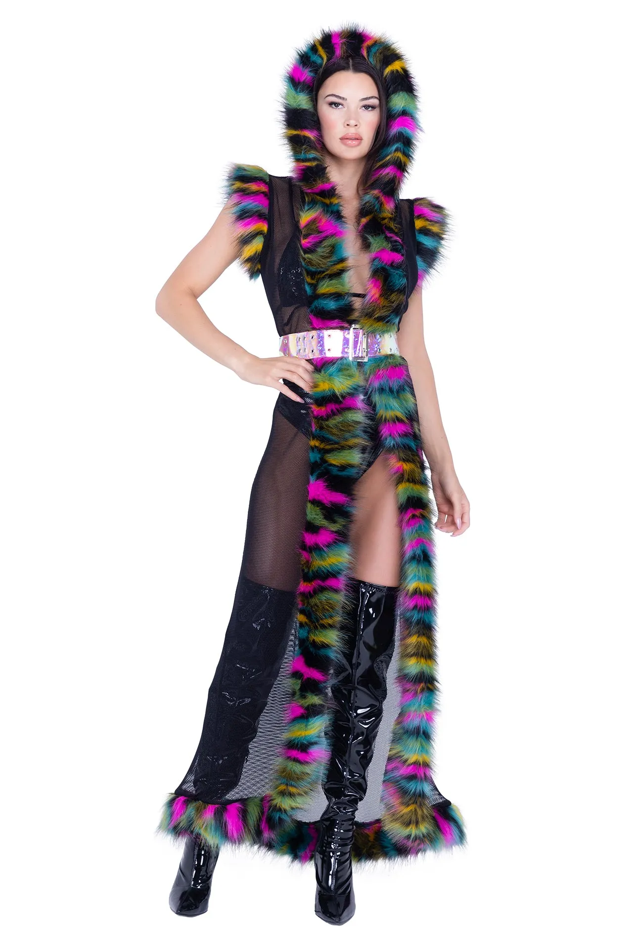 FR156 - Fur Trimmed Fishnet Duster with Belt***30% OFF