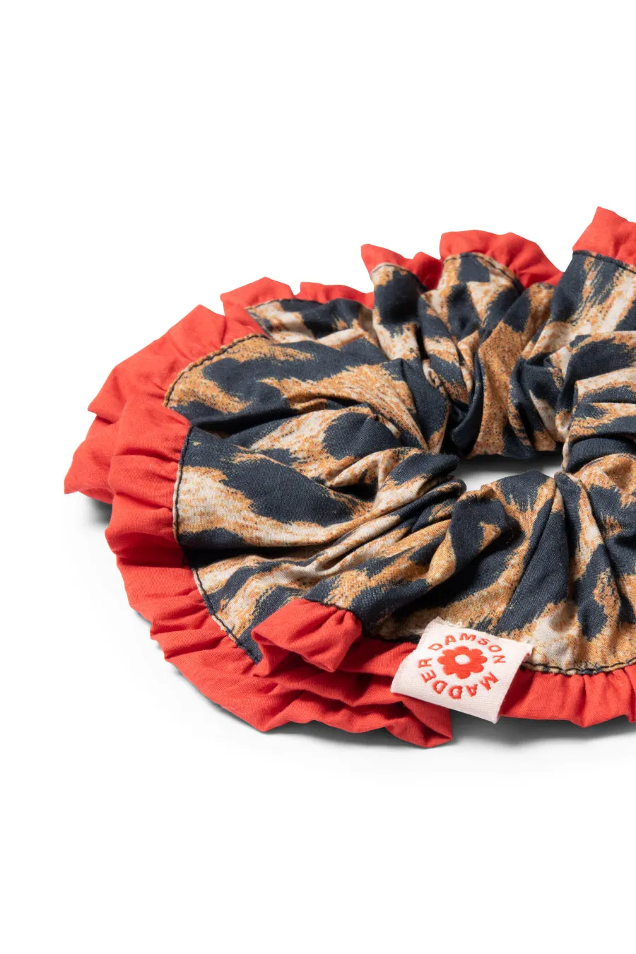 frill scrunchie in leopard with red edge
