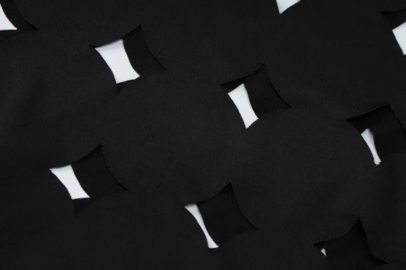 Geometric Asymmetry Backless Black Midi Dress with Hollow Design