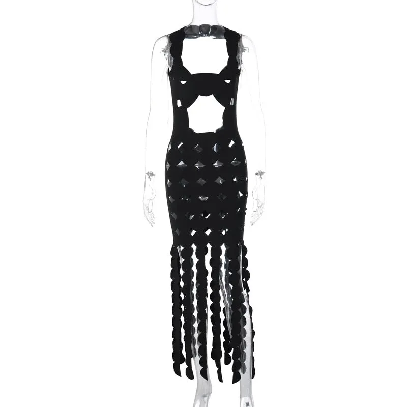 Geometric Asymmetry Backless Black Midi Dress with Hollow Design