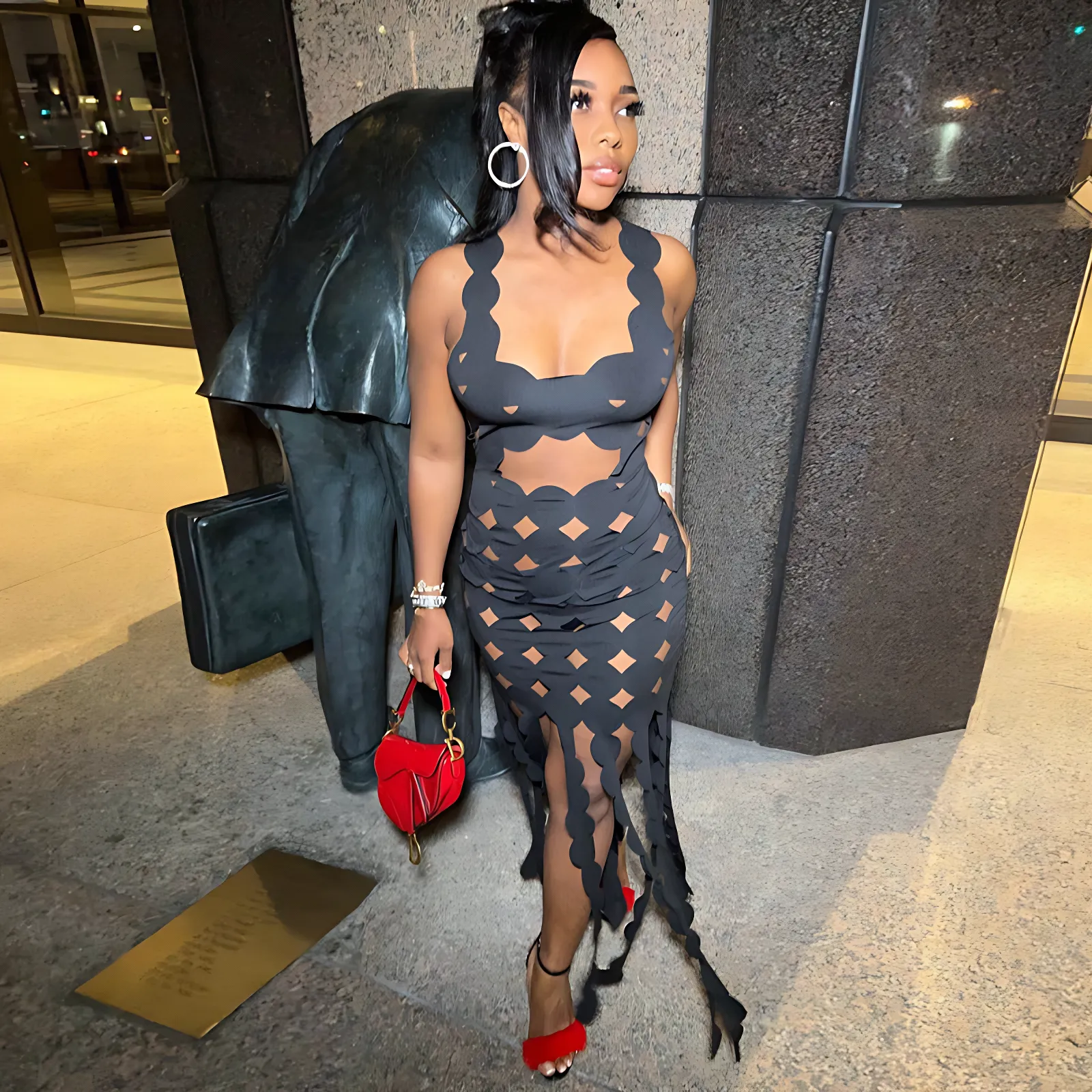Geometric Asymmetry Backless Black Midi Dress with Hollow Design