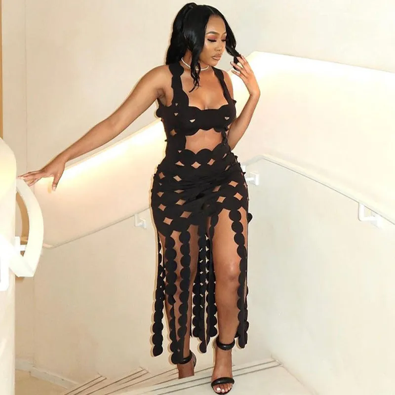 Geometric Asymmetry Backless Black Midi Dress with Hollow Design