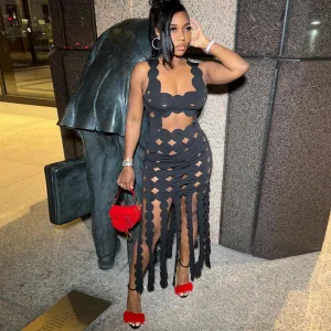 Geometric Asymmetry Backless Black Midi Dress with Hollow Design