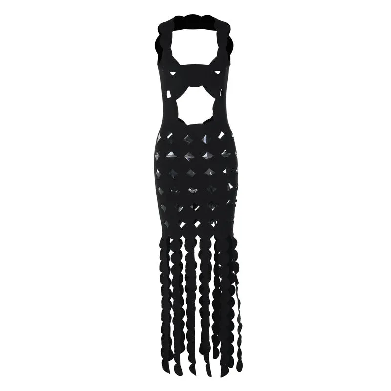 Geometric Asymmetry Backless Black Midi Dress with Hollow Design